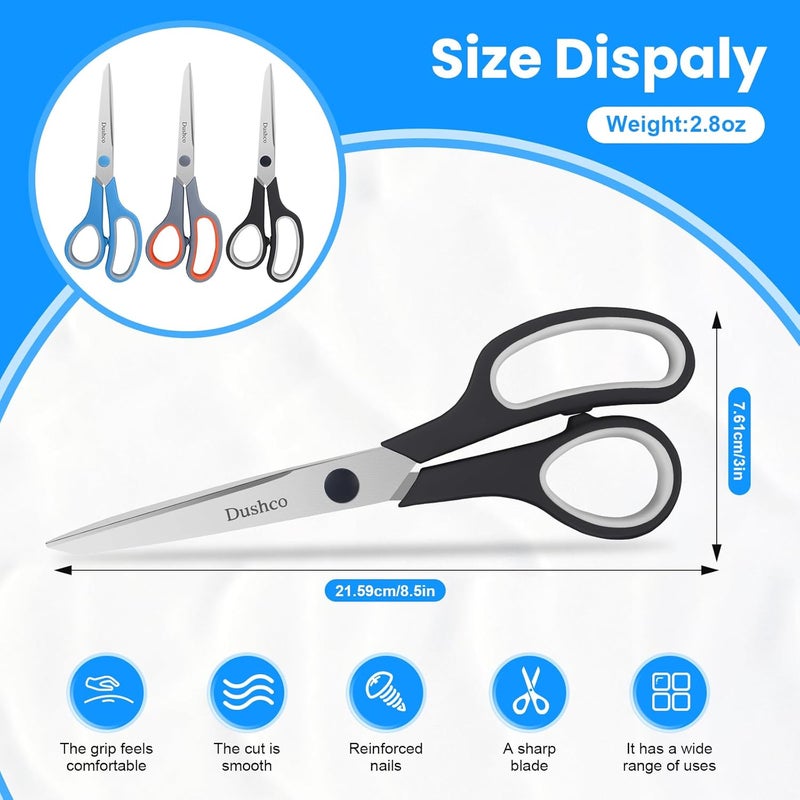Dushco Scissors, 8.5 Inch Multipurpose Scissors Bulk Set of 3 Pack, Ultra Sharp 2.5mm Thick Scissor for Office Home School Sewing Fabric Craft Supplies, Soft Comfort-Grip Right/Left Hand - Image 2